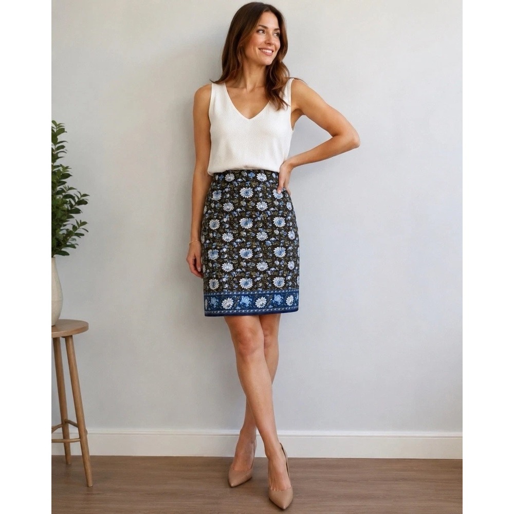 Talbots Skirt Womens 14 Petite Floral Pencil Skirt Brown Blue Cotton Stretch